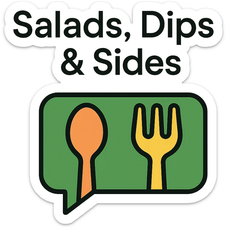 Add the title 'Salads, Dips & Sides' in a clean, modern font above the green modern clean food-inspired logo on the cookbook background. Keep the text readable and harmonious with the design. sticker