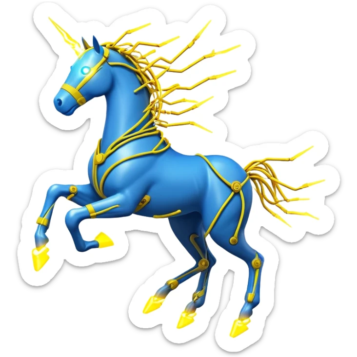 yellow fast electric horse made of electricity, bolts, visible yellow wires, lightning, blue electricity accents, dynamic running pose sticker