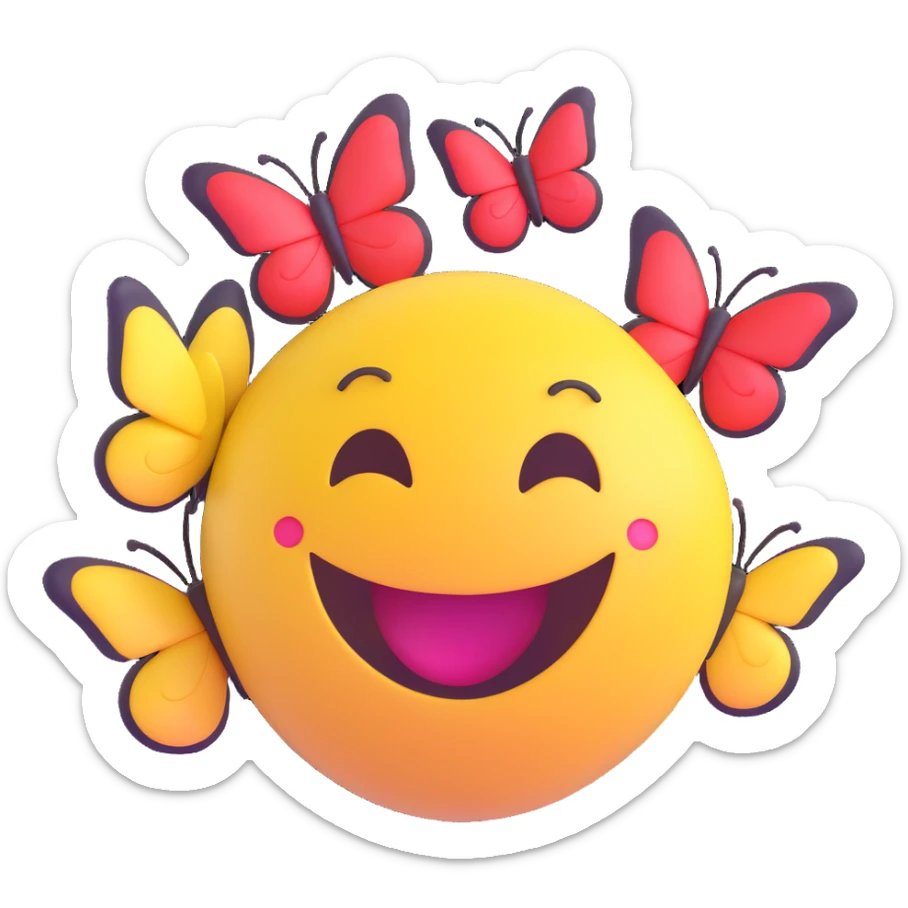 3D smiley emoji, round shape, in love: heart butterflies, smiling face, no body sticker
