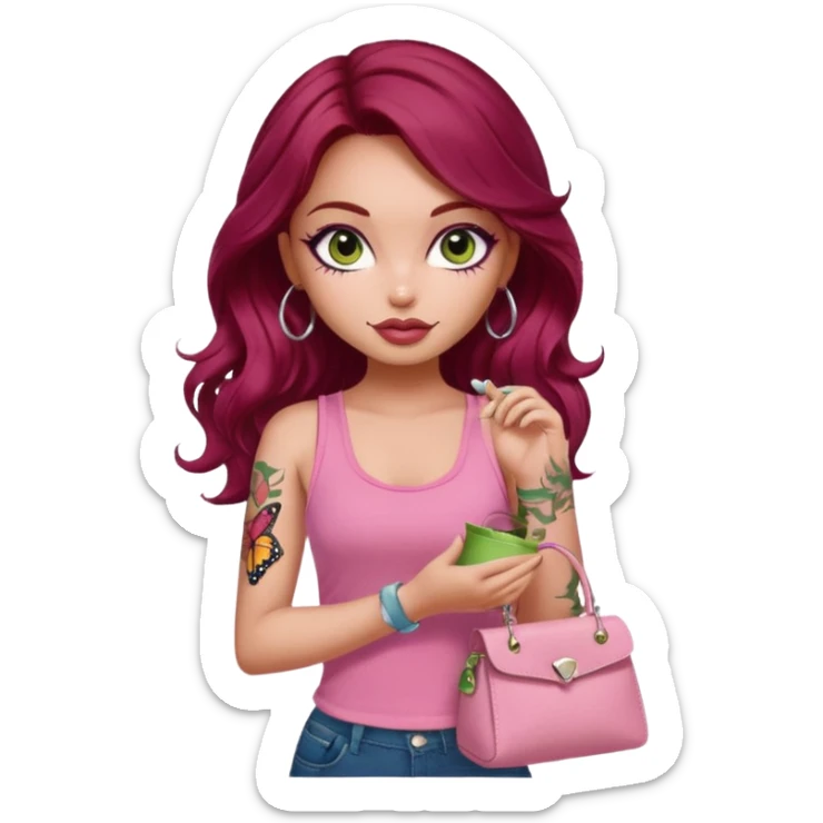 a pretty fair bratz girl with wavy dark red hair, wearing a pink tank top , carrying a matcha and a pink bag. eyeliner on. butterfly tattoo on arm sticker
