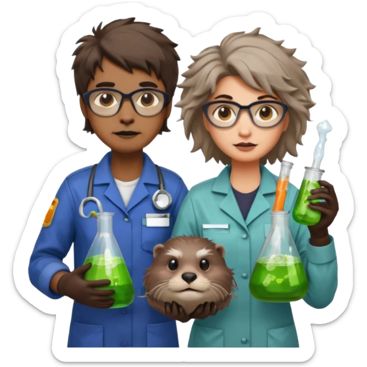 an otter disguised as a woman garbage collector next to a man mad scientist sticker