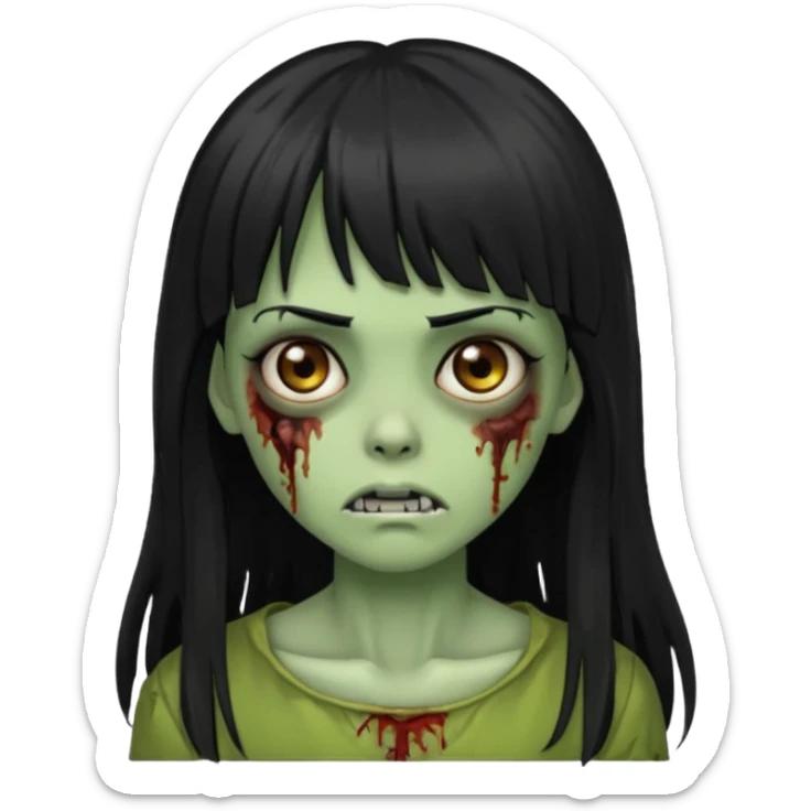 Zombie emoji girl, skin green, black long hair with bangs black, brown eyes  sticker