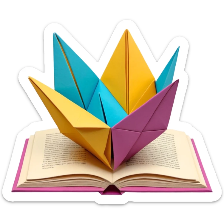 3D render of Pop-Up Book entirely of folded origami paper, sharp creases, cardboard texture, matte finish, visible paper grain, craft aesthetic, sticker