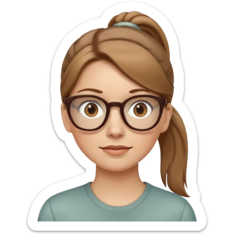 White woman light brown hair in pony tail and beige glasses sticker