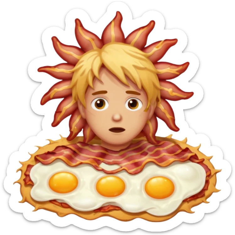 A sun made out of eggs and bacon in the background of someone waking up  sticker