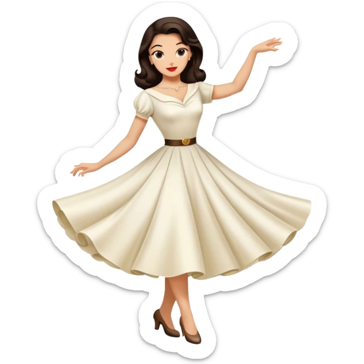 Beautiful woman in 1950’s woman fashion look, white dress, long dark brown hair, balboa dance sticker