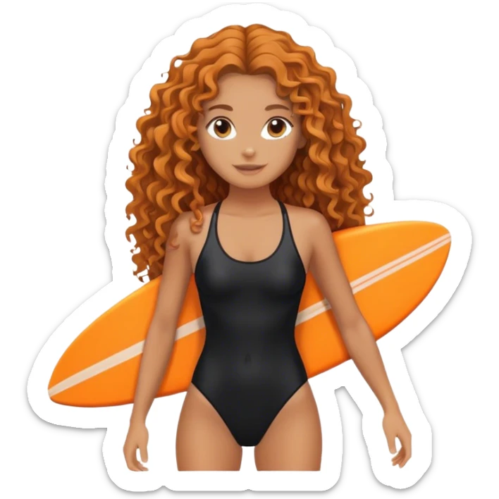 Surfer girl with black swimsuit and orange surfboard and long curly hair sticker