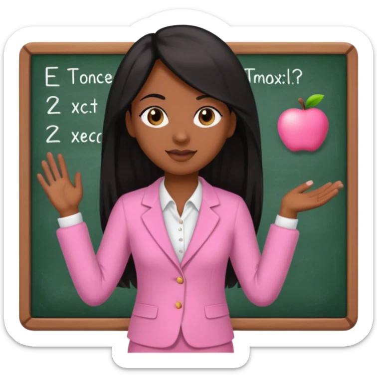 a brown skin teacher with hair with black straight long hair wearing pink not hot pink 2 piece set teaching up on a board the board  sticker