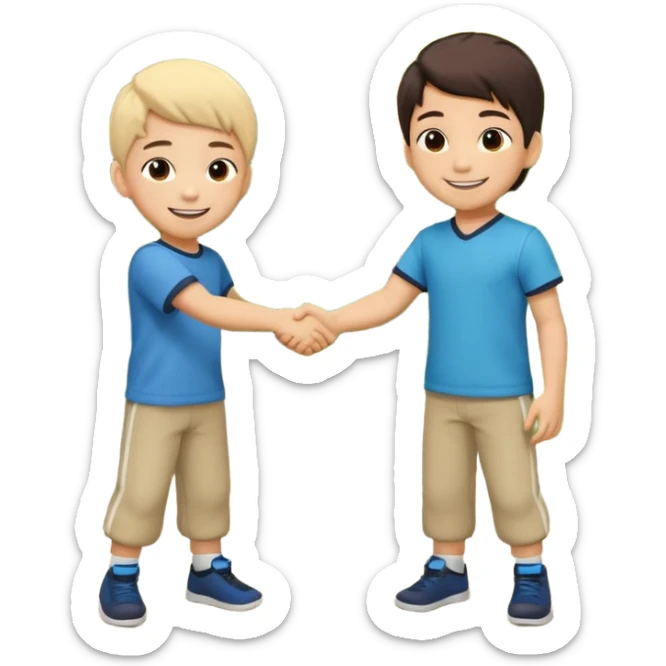 A cute 4-year-old Japanese boy with a big proud smile, shaking hands with another boy to make up after a fight, in a sunny park. Toys on the ground, both looking happy and relieved, warm friendship vibe, cartoonish style, vibrant colors, high detail. sticker