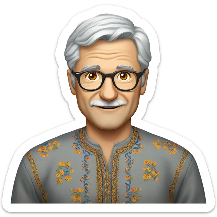 European gray-haired man in a Ukrainian embroidered shirt, glasses, no mustache sticker