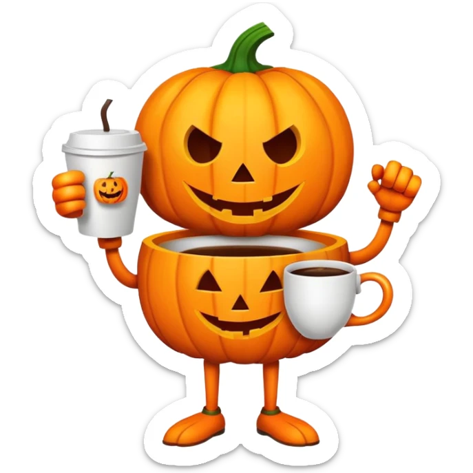 Cartoon jack o lantern with cartoon arms and legs holding a cup of coffee sticker