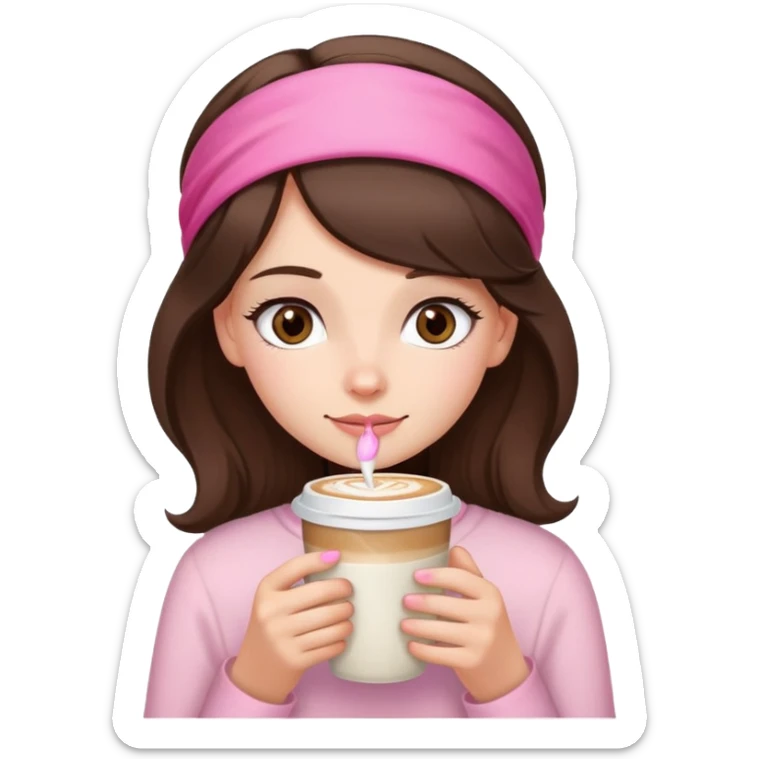 brunette girl with hazel eyes drinking latt, hair just below shoulder length and with a pink headband in her hair  sticker