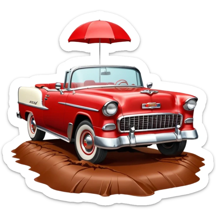 1955 Chevrolet Bel Air Convertible, Red-White color, with a bucket of brown mud pouring down on it, and the car itself is all dirty. 32x32 pixels, aspect ratio: 1:1 sticker