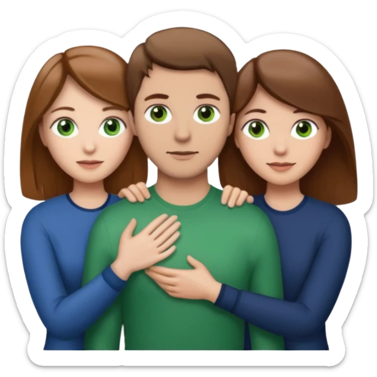 3 people. Throuple. Blank woman with light brown hair and green eye color on left. And also a blank man with brown hair and grey eye color in the middle. And a blank woman with brown hair and grey eye color on the right. Holding each other sticker