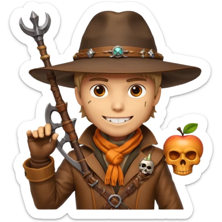 male human monster hunter emoji, wearing brown leather coat and wide hat, holding crossbow, with amulet shaped like skull, Halloween fantasy theme, confident smile, orange scarf, Apple emoji style, clean white background, square image sticker