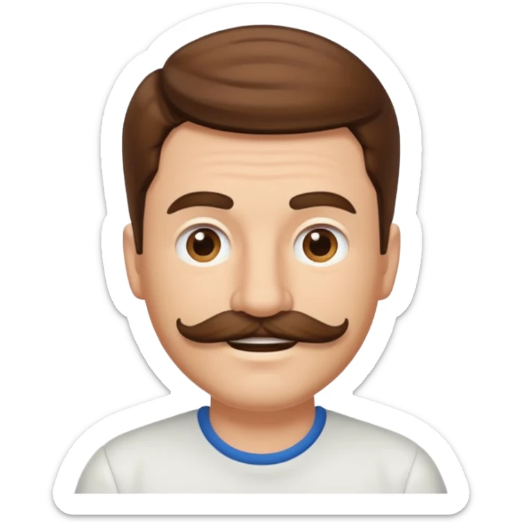 white man with parted brown hair and a thick mustache in the stock ios emoji style. he is smiling and his hair is a bit unkempt sticker