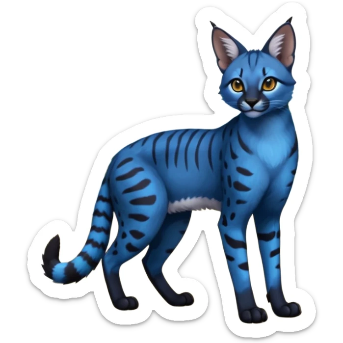 Realistic wild real life dark neon-blue caracal-serval-civet-genet-hybrid-animal-Fakémon-fursona photo IRL outside (full body) sticker