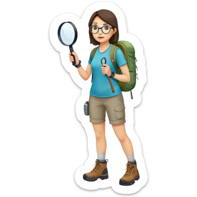 Woman in her 40s with glasses wearing sporty outfit, hiking boots, and backpack, holding a magnifying glass and looking curious sticker