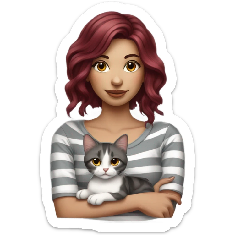Beautiful burgundy haired tattooed woman holding gray and white striped long hair cat sticker