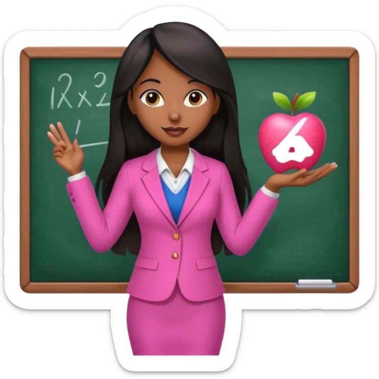 a brown skin teacher with hair with black straight long hair wearing pink not hot pink 2 piece set teaching up on a board the board nothing on the board but a pink apple sticker