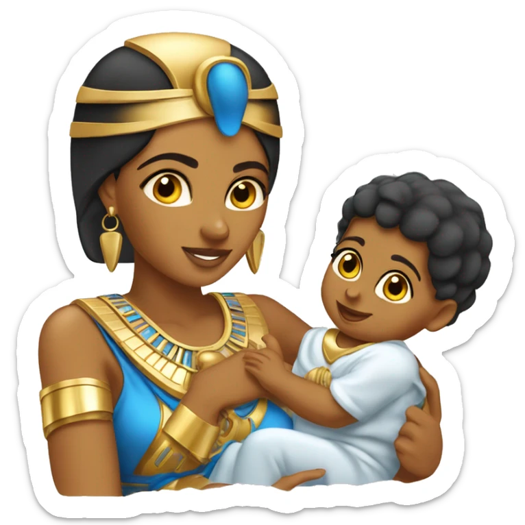 Egyptian female pharaon playing with a baby, tanned skin, golden blue costume sticker