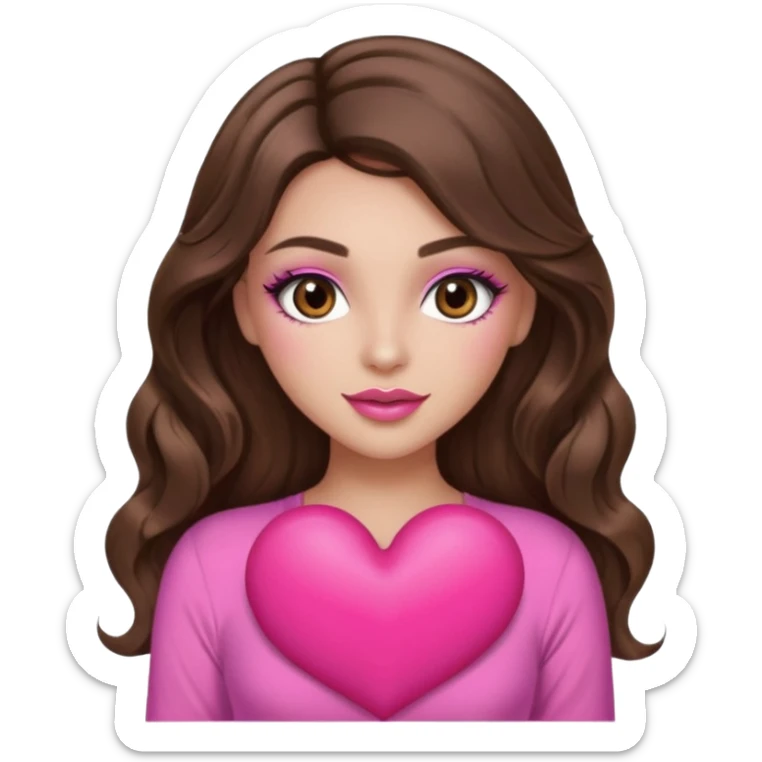 girl with long wavy brown hair, brown eyes, long lashes makeup, sexy pink lips, light to medium complexion, wearing a pink sexy top, holding a big heart sticker