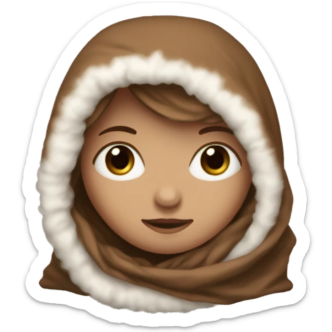 White girl with long brown hair wrapped in the fluffiest brown blanket sticker