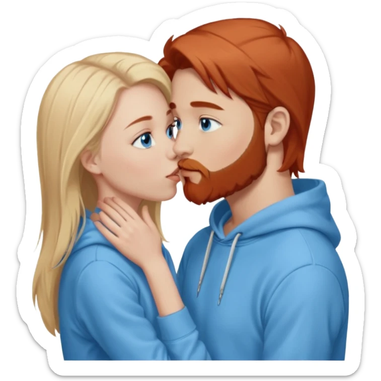 Long-pale-blonde hair, beautiful girl with blue eyes-wearing a light blue hoodie, facing, kissing reddish-brown hair-beard boy blue eyed white guy sticker