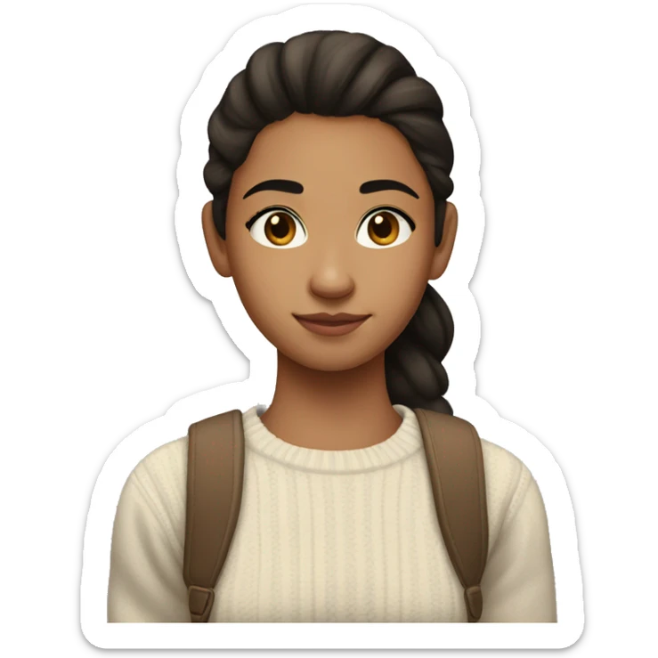 A 15 year old girl who is wearing a black and white sweater and has light brown skin, dark hair in ponytail, and has dark brown eyes sticker