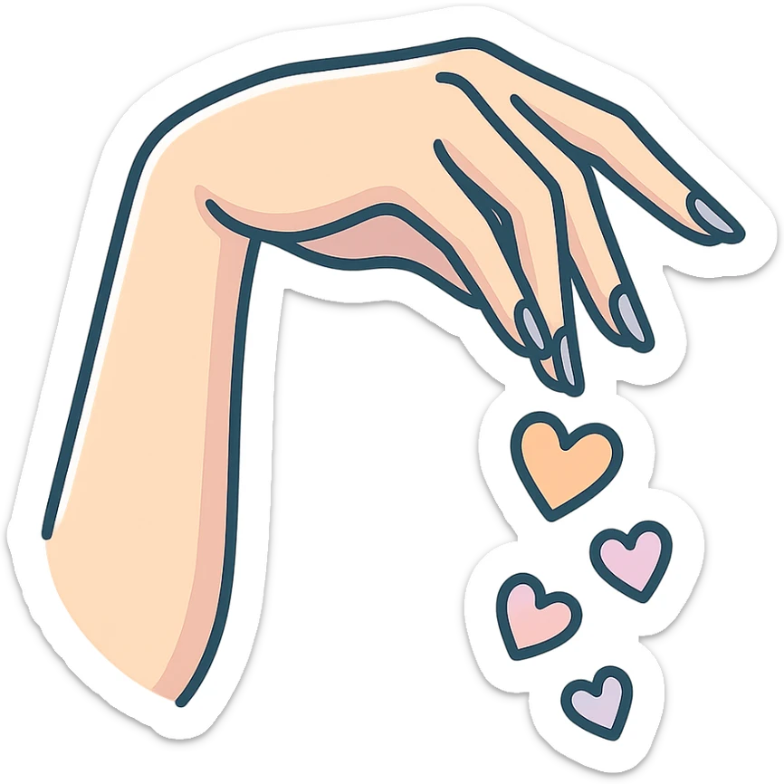 female hand with long fingers sprinkling hearts like seasoning, icon-color-outlined style, detailed shadows and highlights, thin clean contours, soft rounded shapes, pastel palette #98B5BC, #B5B3C1, #C9A3C9, #E4C0CA, #F7DCD1, #F7C0AA, modern Japanese pop art and sticker aesthetic, soft lighting, transparent background sticker