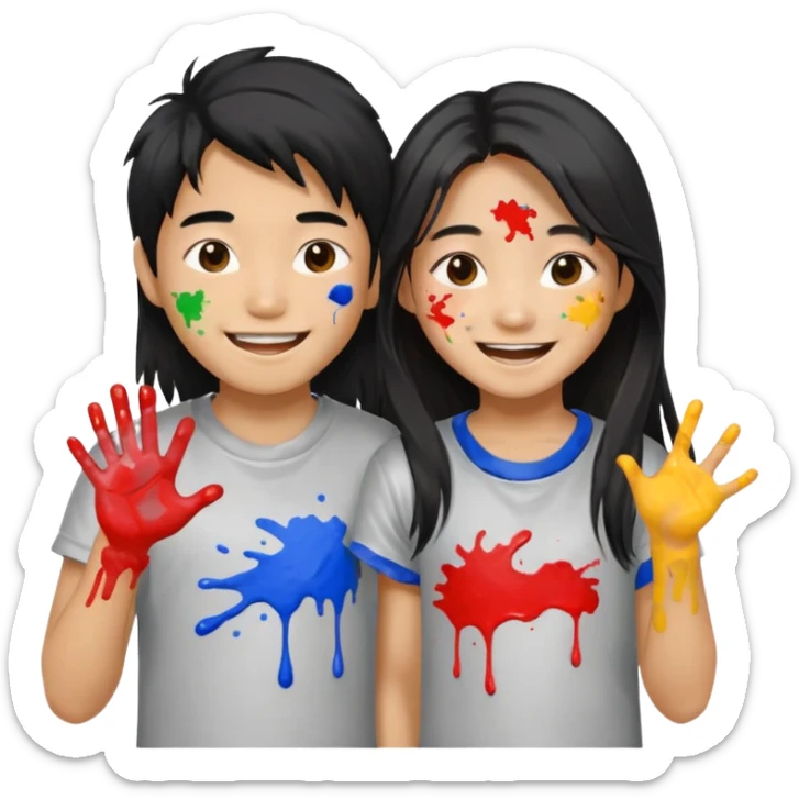 Happy Asian boy with long hair and girl messy painters sticker