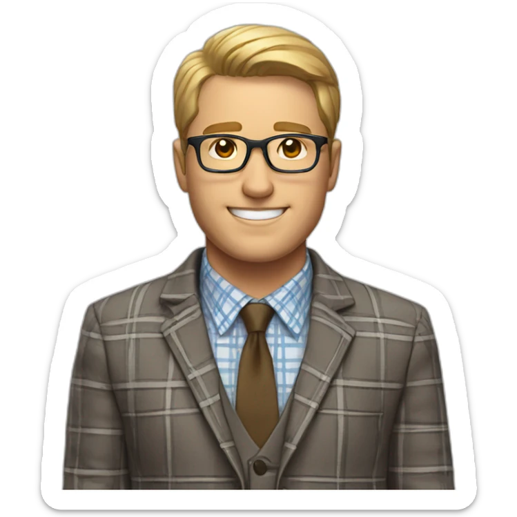 White man, short hair, glasses, plaid business shirt and sports coat. sticker