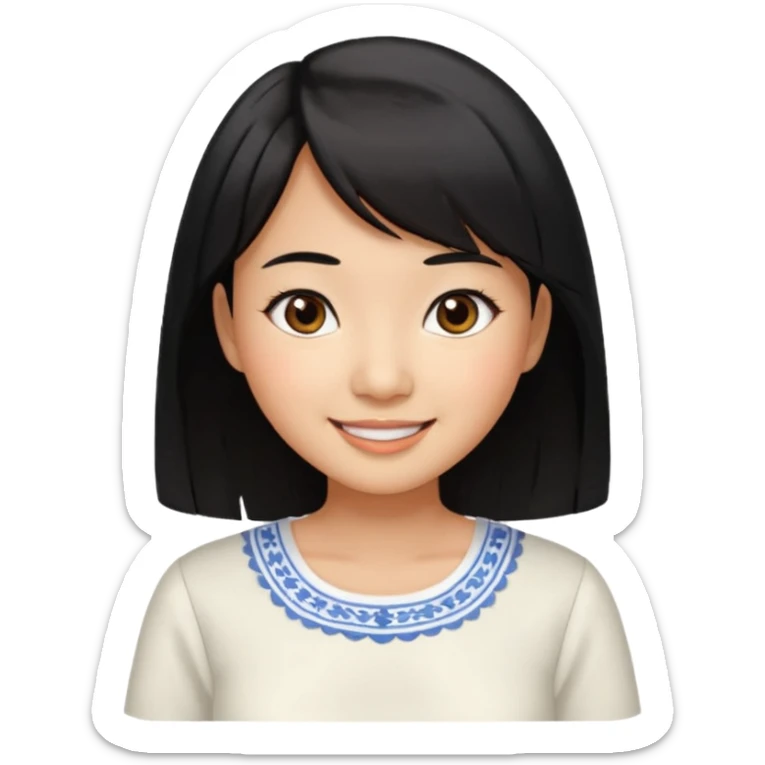 30 yr old asian woman center parted hair big eyes big smile tanned skin straight black hair hippie part hair white blouse shoulder length hair middle parted hair few short bangs at front sticker