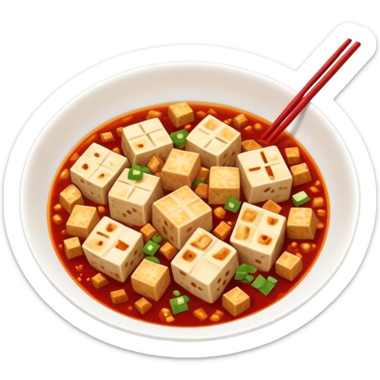 Sichuan mapo tofu spicy red dish with tofu cubes, simplified emoji style with bold outlines and bright colors, cartoon style Chinese tofu dish sticker