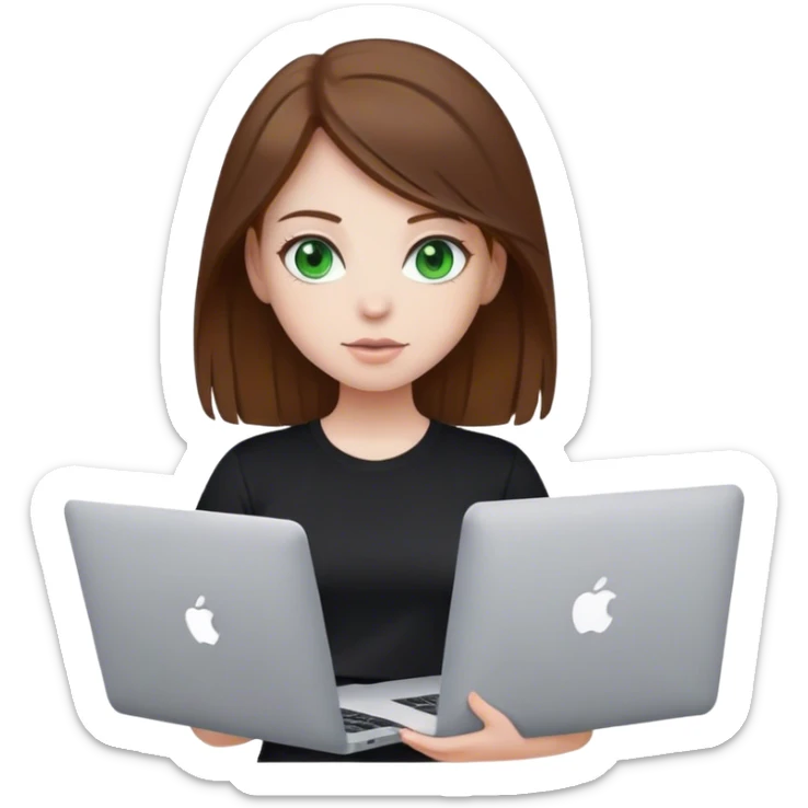 Girl with brown hair and white skin hold macbook green eyes t-shirt black sticker