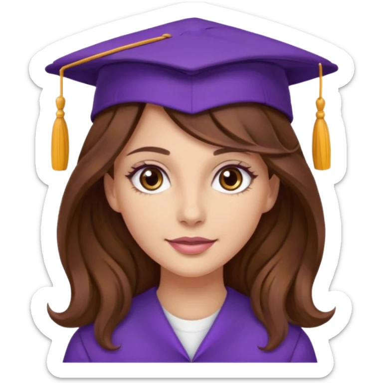 beautiful  woman normal skin with more wavy more long long brown hair and hazel eyes with purple school hat sticker