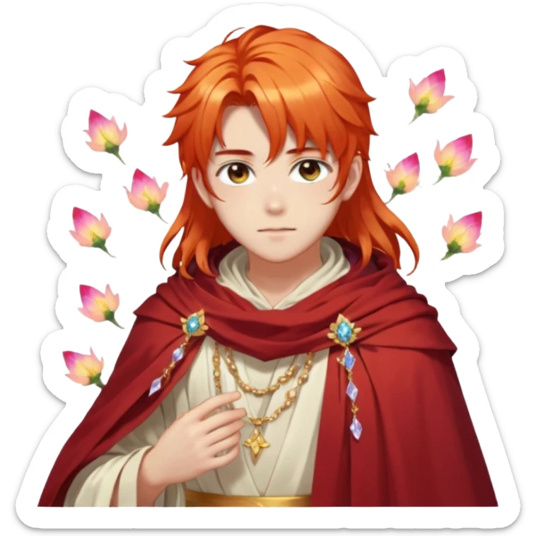 Beautiful gorgeous anime boy with beautiful fiery-special-medium-long-hair, fashion aesthetic, ethereal, fairycore, pastelcore, flower petals, crystals, layered robes, toga, cloak scarf, accessories, jewelries, gold, colorful, shiny, trending style, outside sticker