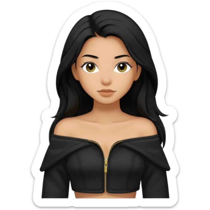 Siyah uzun saçlı siyah ceket  polar ceket ceket gevşek biraz omzundan çıkıyormuş gibi ve bugday ten rengi soltaraftaki omzundan çıkık sadece içinde de siyah crop var crop açık esmer esmer sticker