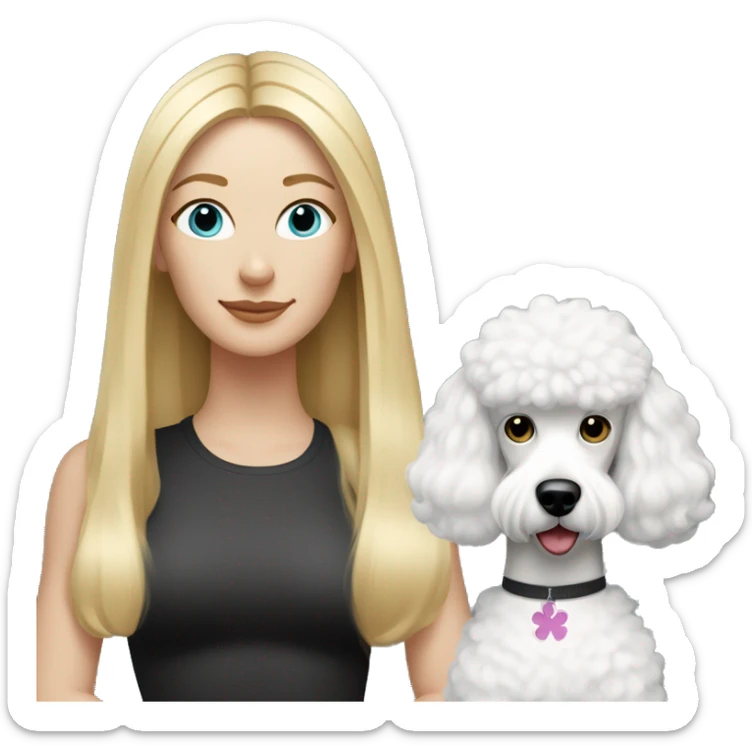 white woman with long blonde hair and cat shaped eyes wearing a yoga outfit standing alongside a black/white poodle sticker