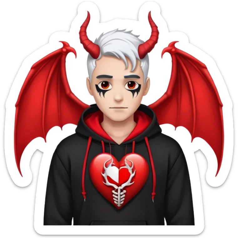 man with black and white hair, half black face, red horns, black hoodie, red wings, dragon skeleton, heart necklace sticker