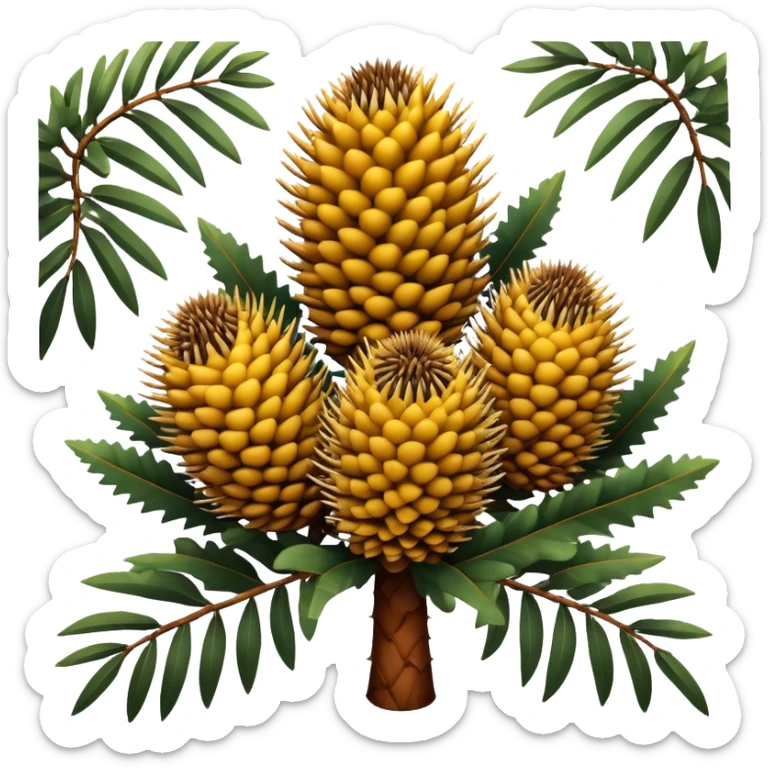 Cinematic Realistic Banksia Emoji, Bold and striking, with spiky, cylindrical flower heads covered in rich golden hues. The leaves are thick and leathery, adding a sense of strength to this unique and iconic tree. Soft glowing outline, capturing the essence of Australian ruggedness and floral beauty in a distinctive banksia tree! sticker