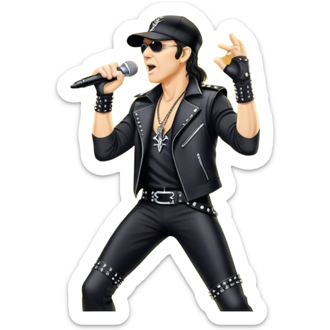 Icon for Rock Music: Klaus Meine holds a microphone stand in his hands performing with Scorpions on stage, with powerful stage presence. The vibe should capture the energetic and iconic sound of Scorpions, with vibrant lighting and a stadium atmosphere. Transparent background. sticker