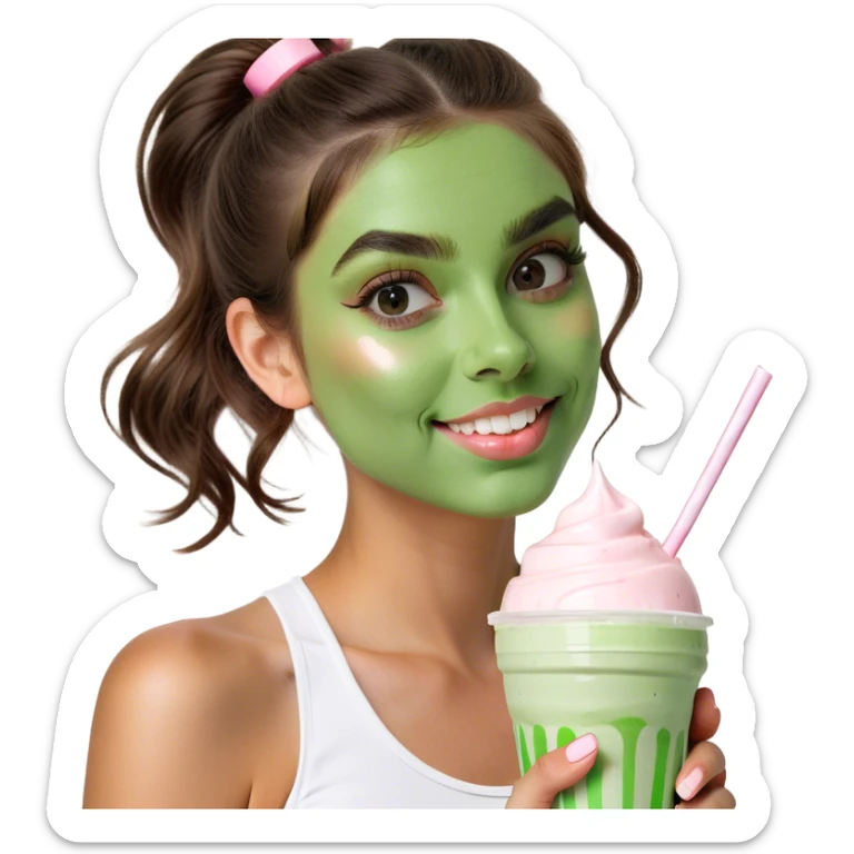 Girl with brown eyes a little bit blush highlighter brown hair not long with milkshake in￼ hand sticker