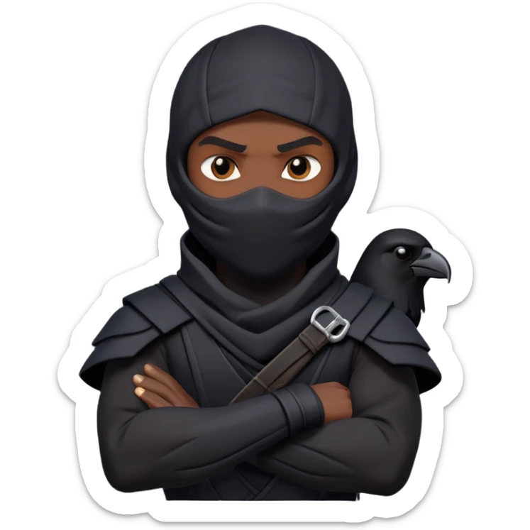 clash-of-clans-aesthetic_-cinematic-mysterious-male-ninja-portrait-emoji, rendered in a flat, vector-style with minimal shading and bold, simplified shapes, with a head slightly turned revealing intense, focused eyes. the ninja has his arm out and perched on top of his forearm is  a  giant black crow sticker