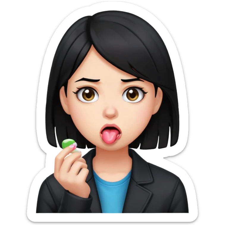 An annoyed girl with black hair and a black jacket is chewing gum while looking annoyed and bored sticker