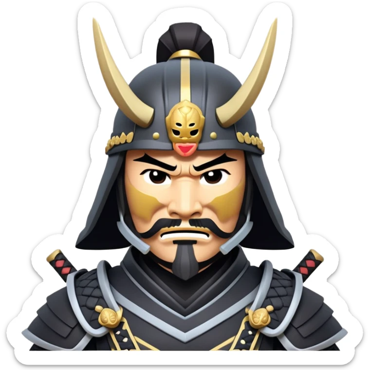 clash-of-clans-aesthetic_-cinematic-fearsome-and-majestic-samurai-bust-portrait-emoji, rendered in a flat, vector-style with minimal shading and bold, simplified shapes typical of emoji art, depicting a battle-hardened samurai with black mask and traditional black Japanese armor. The samurai is riding a noble grey warhorse adorned with an intricately designed saddle and fluttering banners and a rising sun. a samurai on a   horse sticker