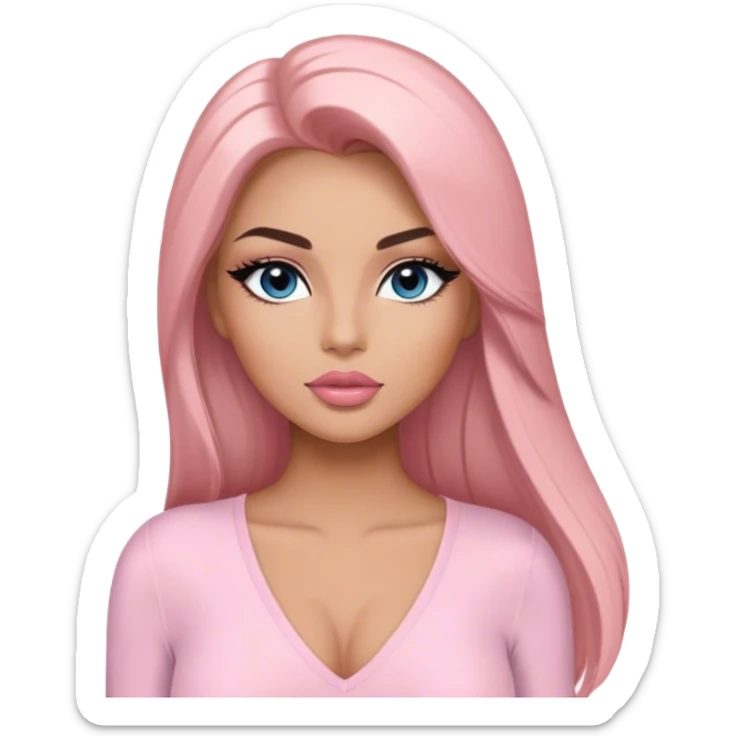 Glamours, tanned, very beautiful girl, with big pump peach-beige-rose lips, long long lashes, black straight smooth silky long hair, straight parting hair, blue-grey eyes in light pink long-sleeves v-neck bodysuit sticker