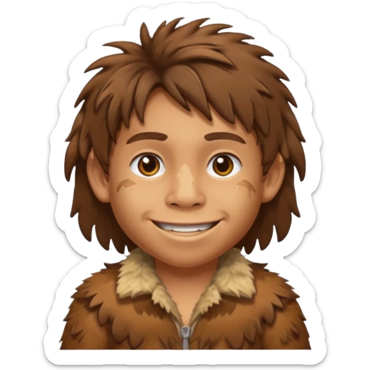smiling Neanderthal kid with messy hair and animal skin clothing emoji style sticker