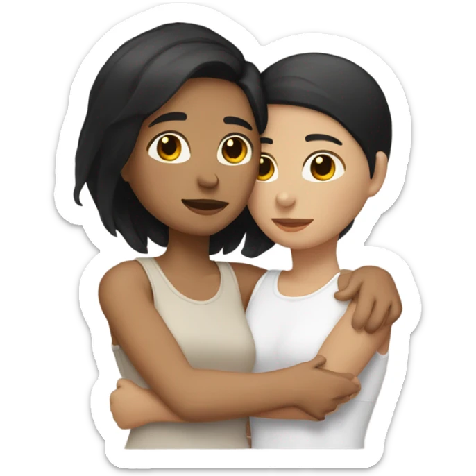 A lesbian couple with white skin and short black and brown hair hugging intimately sticker