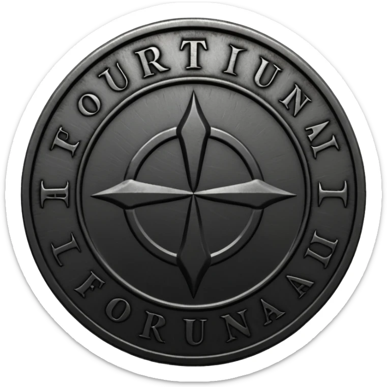 Minimal emoji, gothic metal coin made of black steel, engraved word FORTUNA at the center, ancient industrial aesthetic, worn metal texture, no glow, no neon, flat emoji design, centered, transparent background sticker